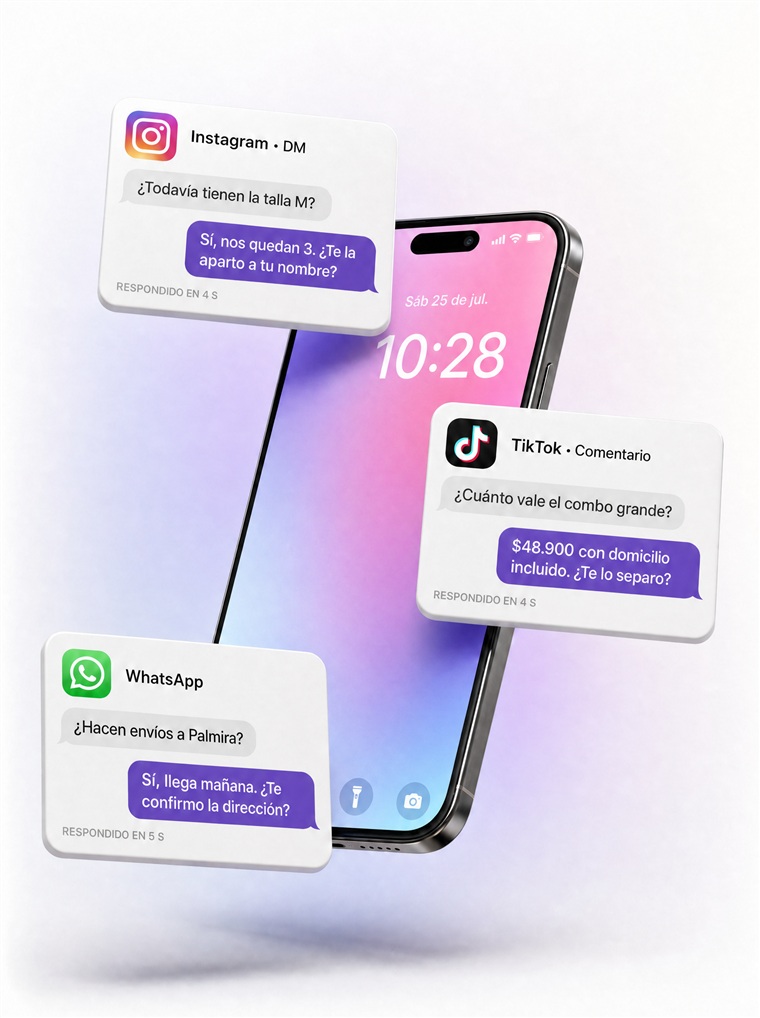 Celular mostrando conversaciones atendidas automáticamente en Instagram, WhatsApp y TikTok